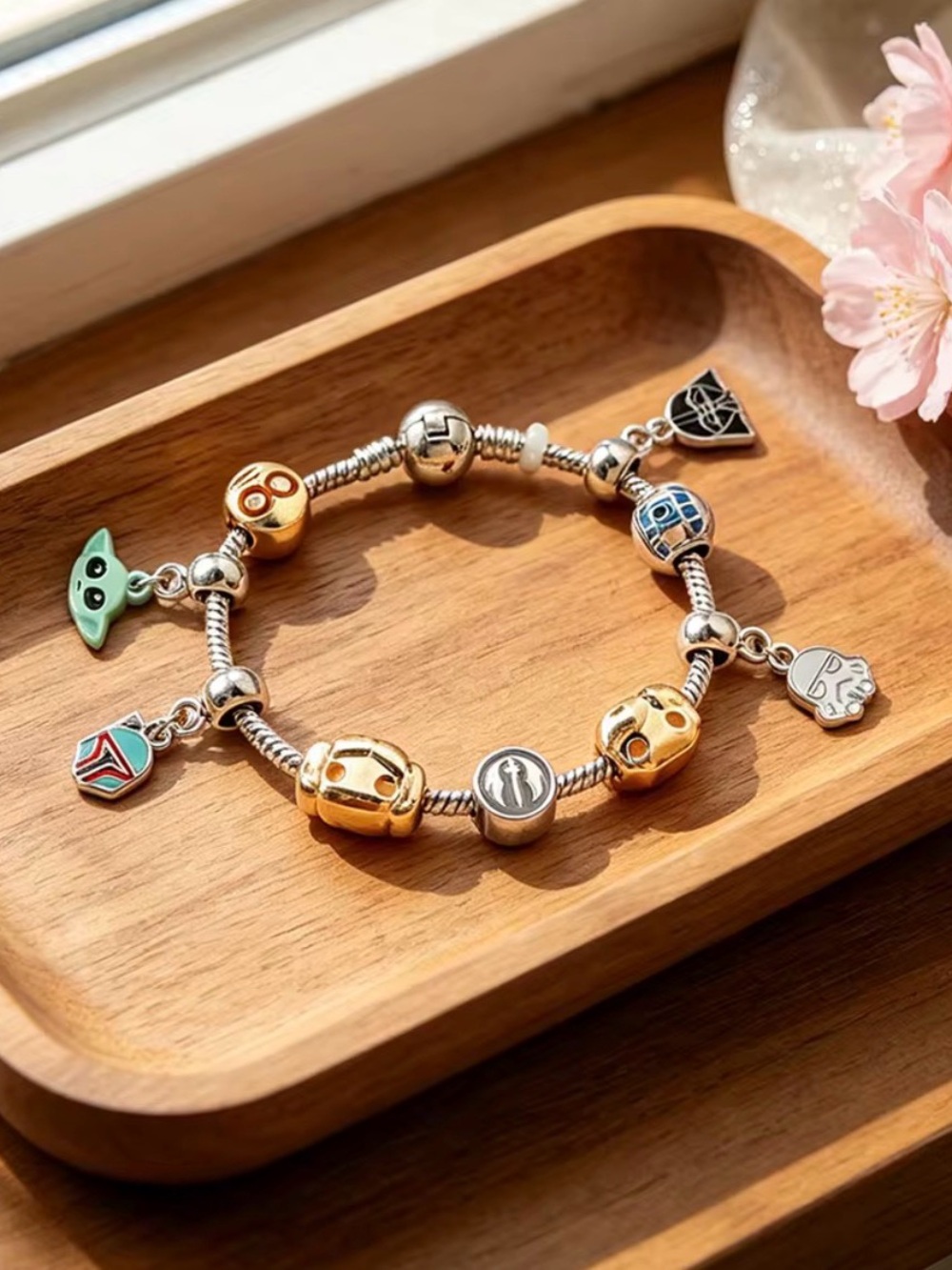 Star Wars Disney Mandalorian Grogu R2D2 Darth Vader Silver Charm Bracelet NEW!